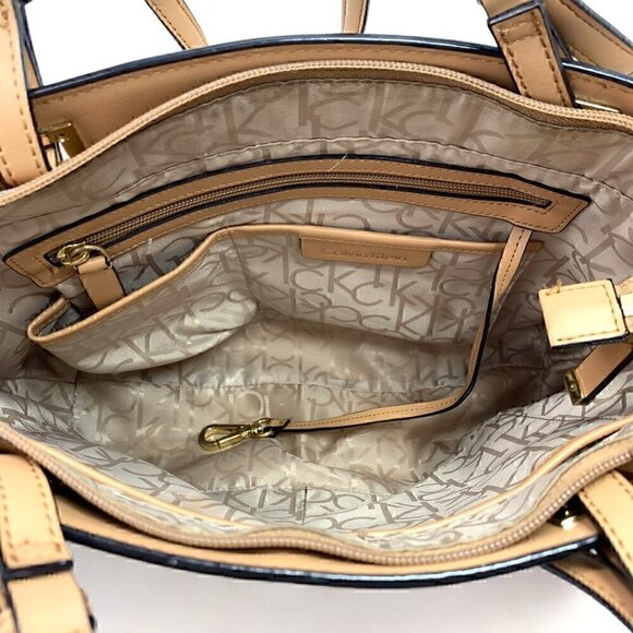 Calvin Klein Signature Satchel H8ABJ6UW Vegan Leather White/Tan Gold Hardware - Picture 11 of 13
